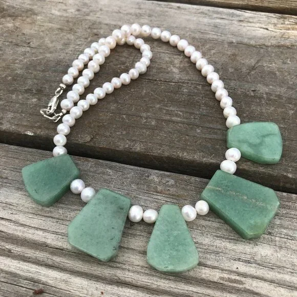 Genuine Natural Jade Nephrite Pearl Cleopatra Necklace Sterling Silver 925